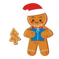 Cute gingerbread character in a Santa hat with a gift. Merry Christmas. Vector graphic.