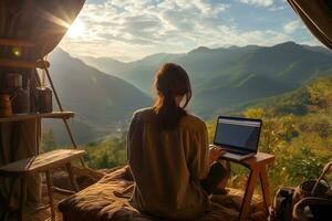 Back view of young businesswoman working on the computer and enjoying mountains view at homestay. Work from anywhere, vacation concept. Generative Ai, illustration photo