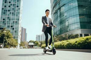 joven asiático empresario en traje montando eléctrico scooter en la carretera en ciudad, ecológico transporte, sostenible estilo de vida concepto. generativo ai, ilustración foto