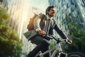 Happy middle age Caucasian businessman going to work by bike. A cheerful young employee with a healthy lifestyle rides a utility bike to the modern workplace. Sustainable lifestyle concept photo