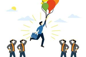 the concept of differentiating from competitors, standing out or being better than others, difference or unique, the initiative of people flying in a balloon that stands out from other competitors. vector