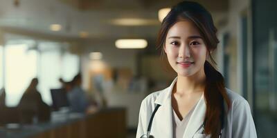 retrato de asiático hermosa mujer médico en blanco médico vestido con estetoscopio. médico alumno, hembra hospital trabajador mirando a cámara y sonriente. generativo ai foto