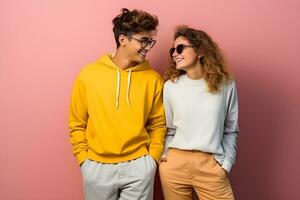 Portrait of handsome man in yellow sweater and beautiful female in white sweater over pink background. 2 fashionable teenager posing in studio near ping wall. Copy space. Generative Ai photo