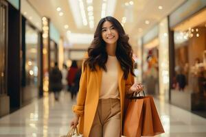Happy young Asian woman holding shopping bags in mall. Consumerism, purchases, shopping, lifestyle, sale concept. Generative Ai, illustration photo