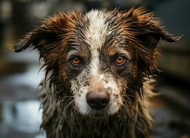 un de cerca Disparo de un perro sorprendentes rostro. generativo ai foto