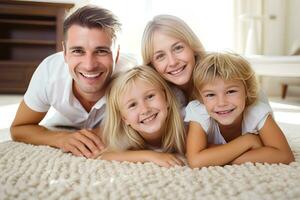 contento joven familia sonriente y abrazando mientras mirando a el cámara a hogar. generativo ai, ilustración foto