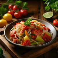 Spicy salad with vermicelli and salmon fish on the table.Generative Ai. photo