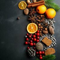 Christmas background with copy space and festive decorations on dark grunge background. Generative Ai. photo