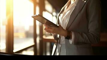 businesswoman  while using digital tablet at business building. generative ai. photo