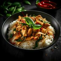 Close up Stir-Fried sliced chicken breast with Basil on black plate. Generative Ai. photo