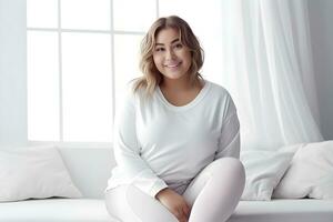 Portrait of charming overweight woman wears white T-shirt looking camera on background studio. Happy young chubby girl sitting in living room at home. People emotions lifestyle, plus size concept photo