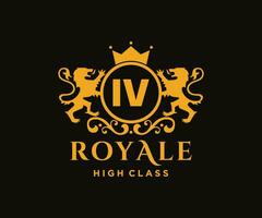 Golden Letter IV template logo Luxury gold letter with crown. Monogram alphabet . Beautiful royal initials letter. vector