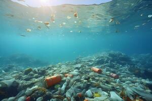 el plastico contaminación en el mar. masivo el plastico contaminación de el Oceano abajo. fondo del mar cubierto con un lote de el plastico basura. botellas, pantalones y otro el plastico escombros en fondo del mar. ilustración, generativo ai foto