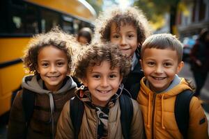 Group of adorable elementary school children in front of the school bus. Generative Ai photo