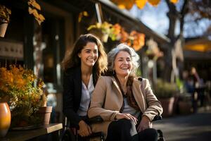 joven mujer vistiendo invierno ropa empujado el silla de ruedas para su antiguo abuela en el ciudad. sonriente cuidador y mayor dama caminando en parque durante otoño y mirando a cada otro. ai generativo foto