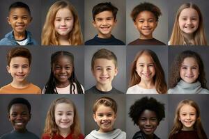 collage de retratos y caras de sonriente multirracial grupo de varios diverso niños para perfil imagen en gris antecedentes. diversidad concepto. generativo ai. foto