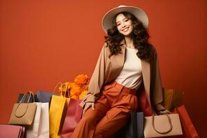 Portrait of fashionable Asian woman with shopping paper bags isolated on orange background. Consumerism, purchases, shopping, shop online, sale concept. Copy space. Generative Ai photo