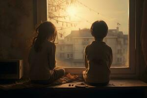 Rear view of sad 2 siblings suffering from depression sitting in bedroom at home feeling loneliness. Scared fearful boy and girl sitting while looking out the window. Generative Ai photo