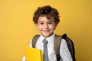 retrato de primario colegio estudiante niño en uniforme con mochila posando en amarillo antecedentes. espalda a colegio concepto. Copiar espacio, ilustración. generativo ai foto