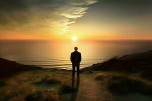 Dawn sea man sunset. Generate Ai photo