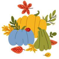 Thanksgiving card with colored pumpkins and autumn leaves flat vector illustration. Vector flat colorful illustration in autumn theme. Printing on paper and textiles