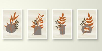 Set of minimal natural wall art in white frames. Foliage line art drawing with abstract shape composition earth tone. Art vector illustration.