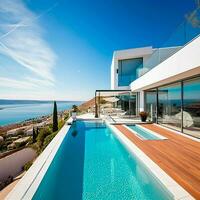 3d representación de un lujoso moderno blanco villa con piscina. generativo ai foto