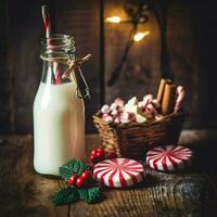 Milk for Santa. Traditional Christmas candy cane and bottle of milk with Christmas decor on rustic wooden table. generative ai. photo