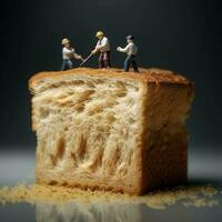 Close up miniature people many of worker man working on whole grain bread background,team work concept. Generative Ai. photo