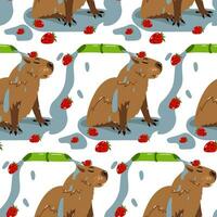 The capybara pattern takes a bamboo rain shower with strawberries. Vector flat texture on a white background. The animal stands under a stream of water and enjoys. Seamless texture. Capybara washes