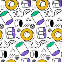 A pattern of Memphis-style elements. Universal trendy multi-colored geometric shapes and lines are combined with bright, bold contour elements. Design elements for flyers, sales. Geometric shapes vector