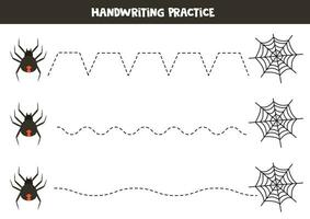 Tracing lines for kids. Cartoon red back spider and web. Handwriting practice. vector