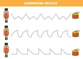 Tracing lines for kids. Cartoon nutcracker and drum. Handwriting practice. vector