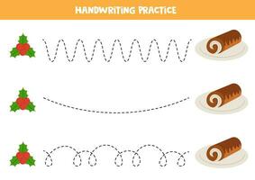 Tracing lines for kids. Cartoon yule log. Handwriting practice. vector