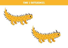 Find three differences between two pictures of cute thorny devil. Game for kids. vector