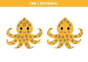 Find three differences between two pictures of cute blue ringed octopus. Game for kids. vector
