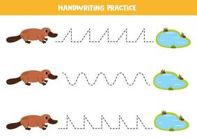 Tracing lines for kids. Platypus and water pond. Handwriting practice. vector