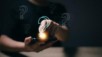 Women answer customer questions online, and QA. Online service gives quick answers. FAQ concept, ask questions, find answers online in customer support. photo
