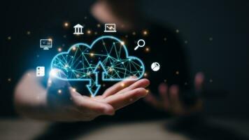 Businesswoman with cloud computing diagram shown on hand. Cloud technology. Data storage. Cloud Computing Technology Internet Storage Network Concept photo