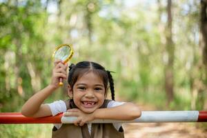 A little Asian girl using a magnifier to study a stag beetle in a park. photo