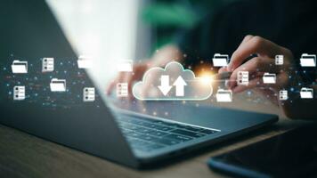 Technology cloud computing for data transmission, database, data storage, and backup. Networking and Internet service concept. Futuristic business network concept. photo