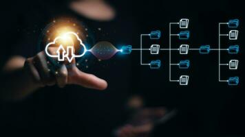 Businesswoman with cloud computing diagram shown on hand. Cloud technology. Data storage. Cloud Computing Technology Internet Storage Network Concept photo