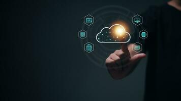 Businessman with cloud computing diagram show on hand. Cloud technology. Data storage. Networking and internet service concept. photo