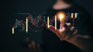 Businessman touching with stock market graph chart and increasing arrow for investor and trader analysis to get profit and dividend concept. photo