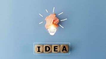 Idea word and light bulb on blue background with copy space. Creative thinking ideas and innovation concepts. photo