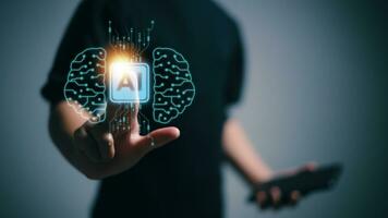 ai, artificial inteligencia concepto. virtual artificial inteligencia cerebro conexión. Internet de cosas, iot, utilizar de ai a ayuda trabajando y usado en diario vida, charla bot, foto