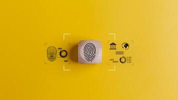 Fingerprint scan icon on wood cube over yellow background. Encryption and access control system for identity verification electronic signing. Biometric authentication technology. Security concept photo
