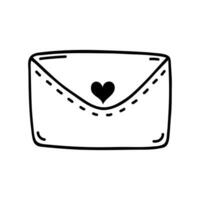 sobre con corazón sello vector icono. mano dibujado garabatear aislado en blanco. cerrado amor carta, secreto romántico mensaje. correo para San Valentín día, boda, fecha. dibujos animados clipart para imprimir, carteles