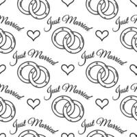Pair of wedding rings with hearts seamless vector pattern. Symbol of just married, bride and groom, date, engagement. Jewelry for husband and wife. Black and white background for invitations, print