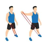 Man Doing Lateral Raise Home Workout Exercise with Thin Resistance Band Guidance. vector